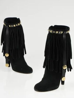 Authentic Gucci Black Suede Fringe Ankle Boots with Gold Studs size 7